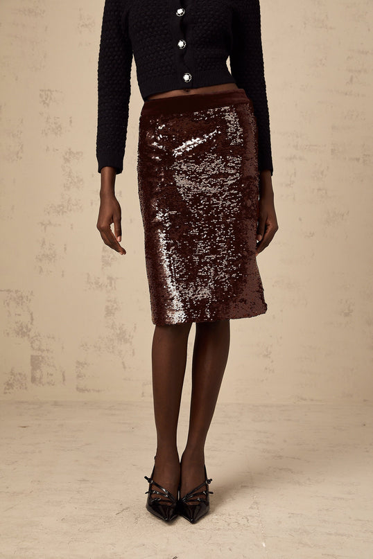 Malaya Brown Sequin A-Line Midi Skirt