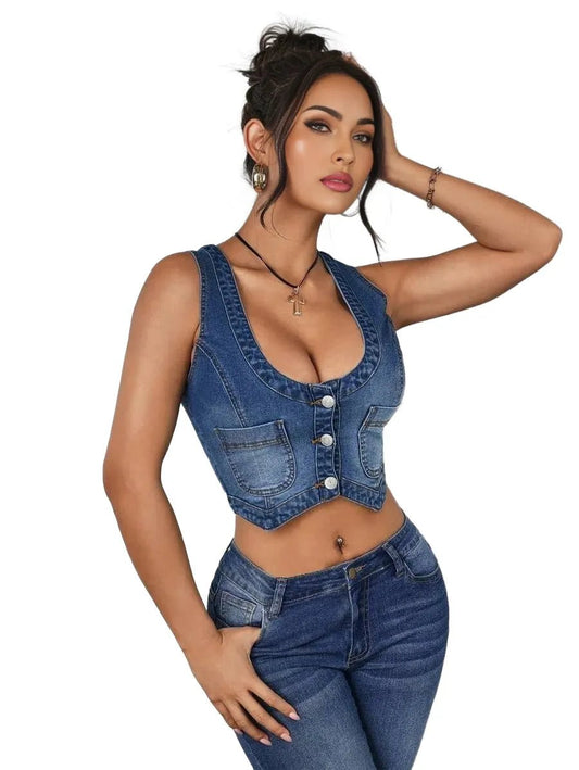 Malaya Cropped Denim Jacket with Stylish Front Button Design in Blue - XS