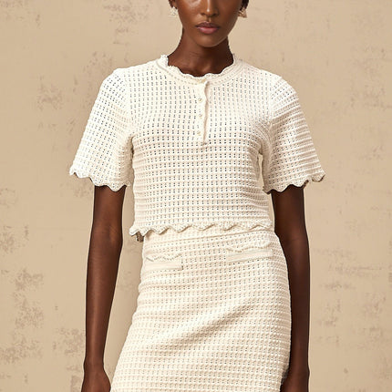 Malaya White Knit Ruffle Top Skirt Set with Faux-Pearl Detailing