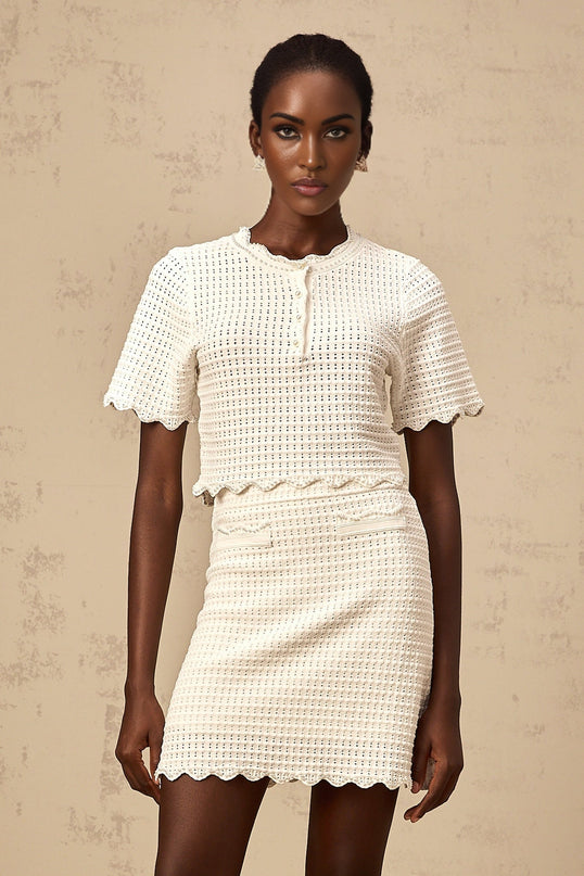 Malaya White Knit Ruffle Top Skirt Set with Faux-Pearl Detailing