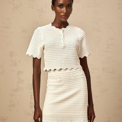 Malaya White Pointelle Knit Top Skirt Set with Ruffled Hem and Faux-Pearl Detailing
