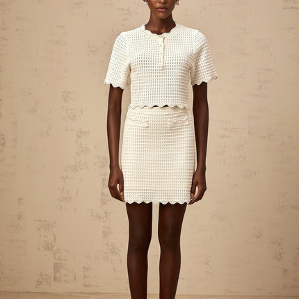 Malaya White Ruffled Hem Knit Top Skirt Set