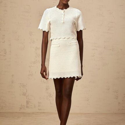 Malaya White Top Skirt Set Ruffled Hem Faux Pearl Detailing