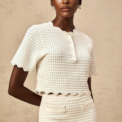 Malaya White Top and Skirt Set with Faux-Pearl and Faux Pocket Detailing