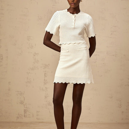 Malaya White Top and Skirt Set with Faux-Pearl and Faux Pocket Detailing