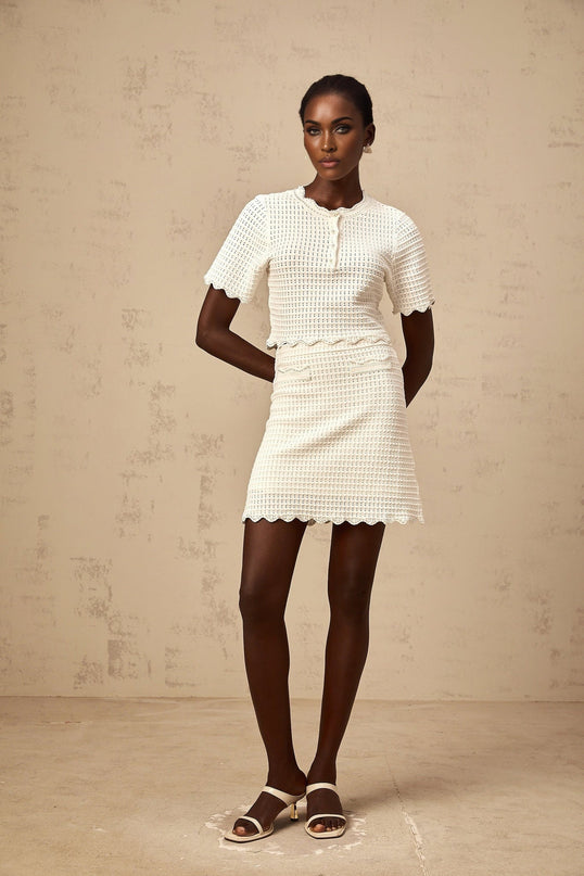 Malaya White Top and Skirt Set with Faux-Pearl and Faux Pocket Detailing
