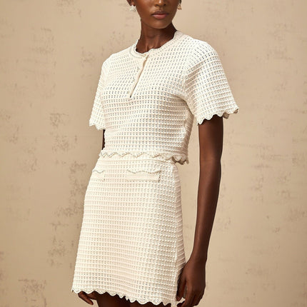 Malaya White Top Skirt Set Ruffled Hem Faux Pearl Detailing
