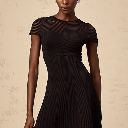 Malia Black Crochet Mini Dress with Scalloped Hem Cap Sleeves and Cinched Waist