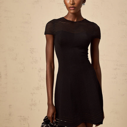 Malia Black Crochet Mini Dress with Scalloped Hem Cap Sleeves and Cinched Waist