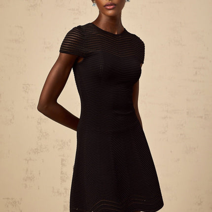 Malia Black Crochet Mini Dress with Scalloped Hem and Cap Sleeves