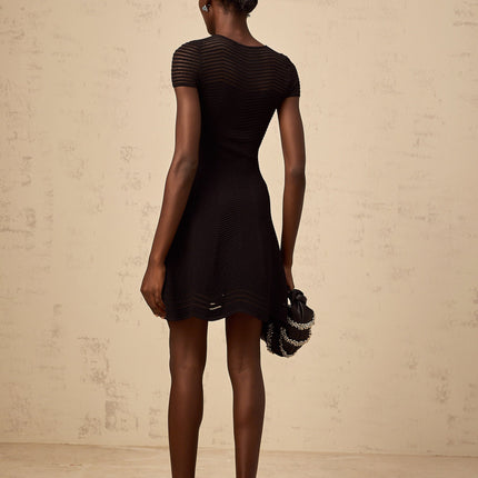 Malia Black Crochet Mini Dress with Scalloped Hem and Cap Sleeves