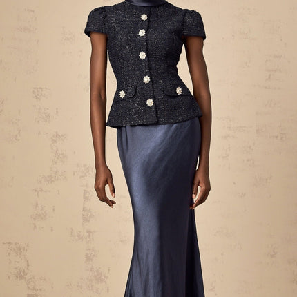 Malia Navy Blue Tweed Maxi Dress with Crystal-Embellished Buttons and Peplum Waist