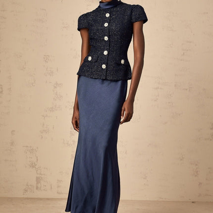 Malia Navy Blue Tweed Maxi Dress with Crystal-Embellished Buttons and Peplum Waist