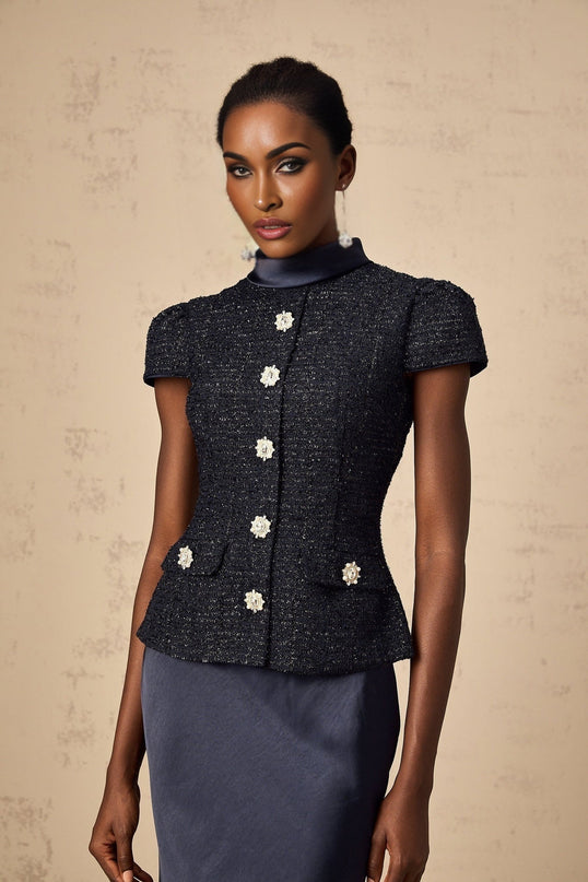 Malia Navy Blue Tweed Maxi Dress with Crystal-Embellished Buttons and Peplum Waist