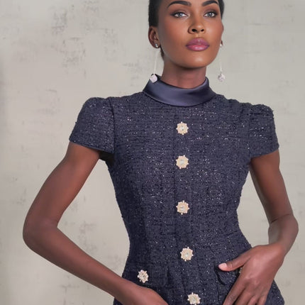 Malia Navy Blue Tweed Maxi Dress with Crystal-Embellished Buttons and Peplum Waist