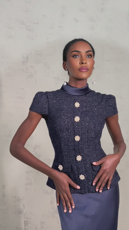 Malia Navy Blue Tweed Maxi Dress with Crystal-Embellished Buttons and Peplum Waist