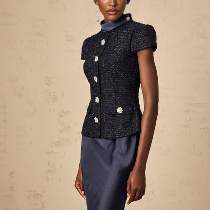 Malia Navy Blue Tweed Maxi Dress with Crystal Embellished Buttons and Peplum Waist
