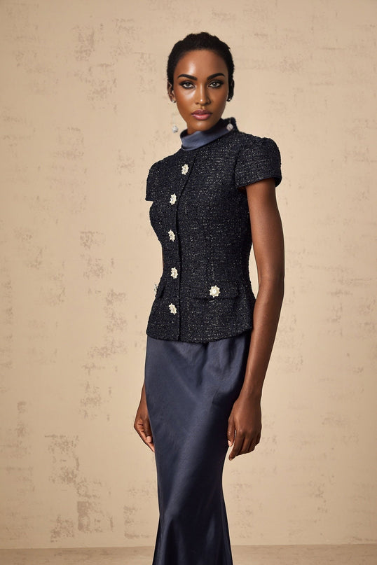 Malia Navy Blue Tweed Maxi Dress with Crystal Embellished Buttons and Peplum Waist