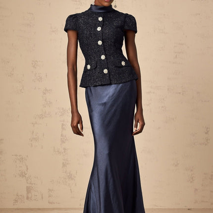 Malia Navy Blue Tweed Maxi Dress with Crystal-Embellished Buttons and Peplum Waist