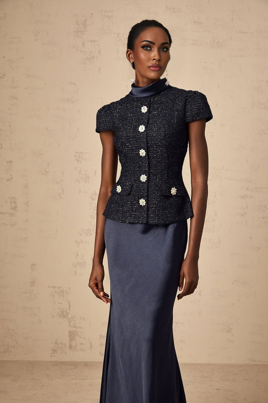 Malia Navy Blue Tweed Maxi Dress with Crystal-Embellished Buttons and Peplum Waist