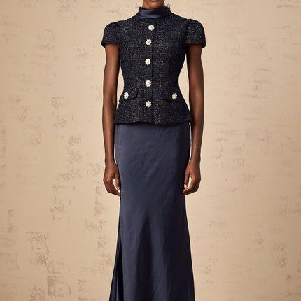 Malia Navy Blue Tweed Maxi Dress with Crystal Embellished Buttons and Peplum Waist