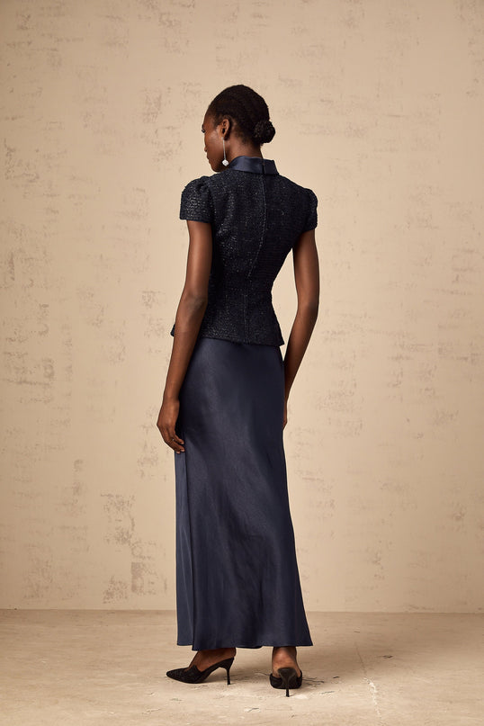Malia Navy Blue Tweed Maxi Dress with Crystal-Embellished Buttons and Peplum Waist