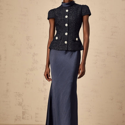 Malia Navy Blue Tweed Satin Maxi Dress with Crystal-Embellished Buttons and Peplum Waist