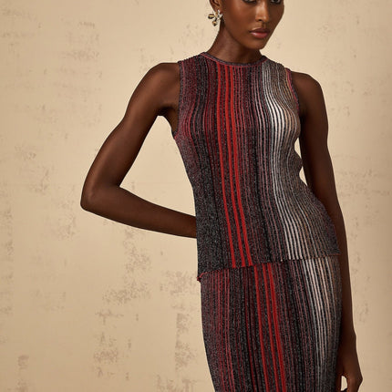 Malia Red Striped Textured Top Skirt Set
