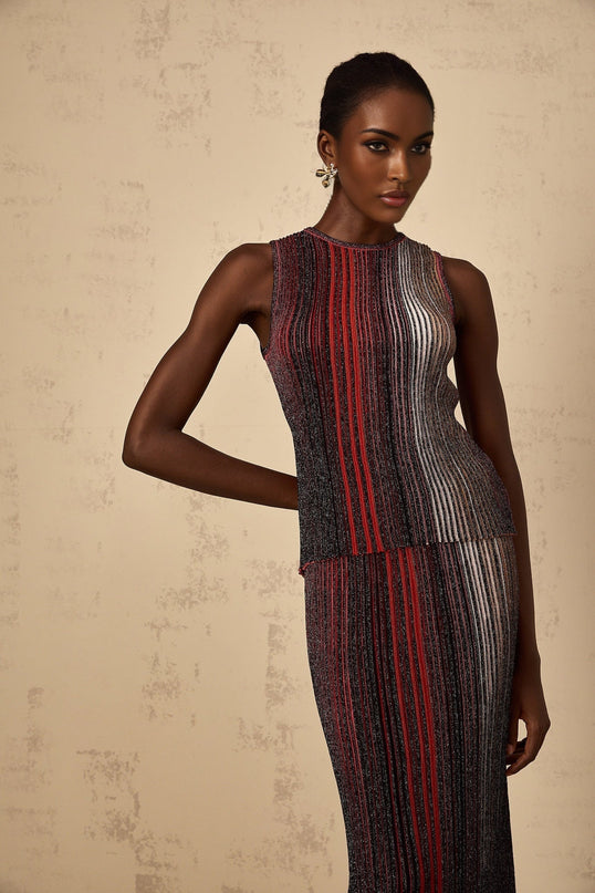 Malia Red Striped Textured Top Skirt Set