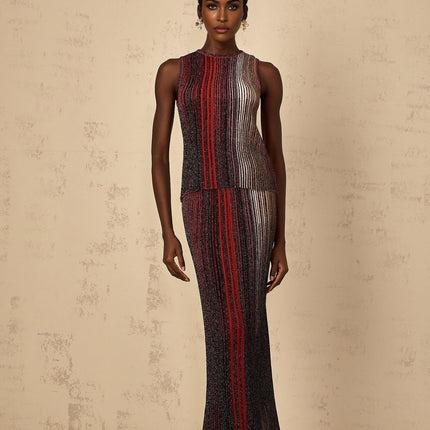 Malia Red Textured Striped Top Skirt Set