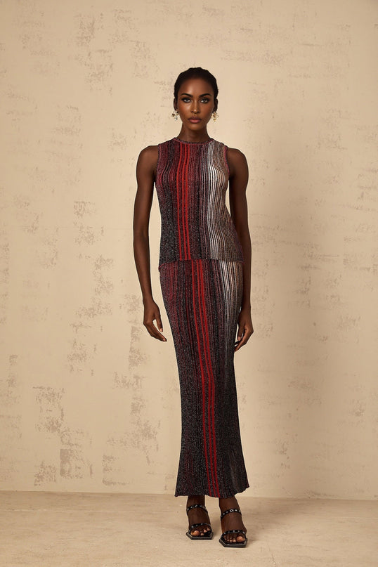 Malia Red Textured Striped Top Skirt Set