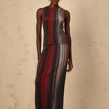 Malia Red Textured Striped Top Skirt Set