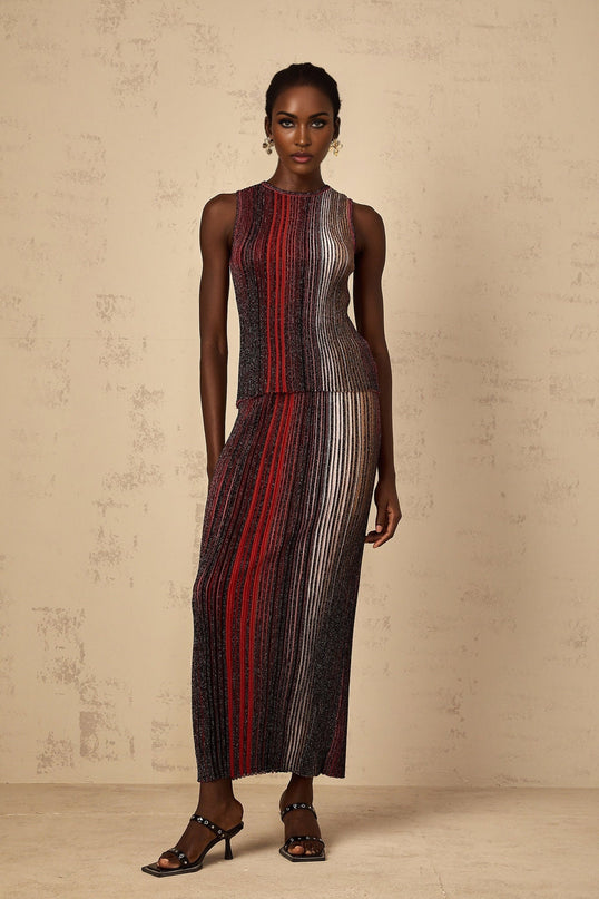 Malia Red Textured Striped Top Skirt Set