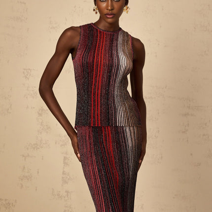 Malia Red Textured Striped Top Skirt Set