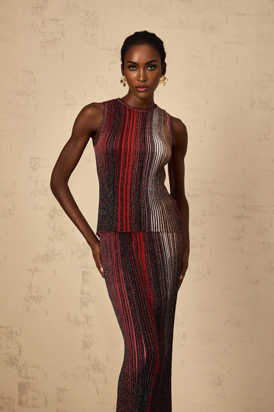 Malia Red Textured Striped Top Skirt Set