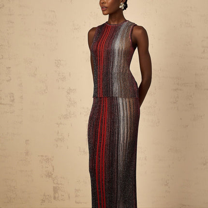 Malia Red Textured Striped Top Skirt Set