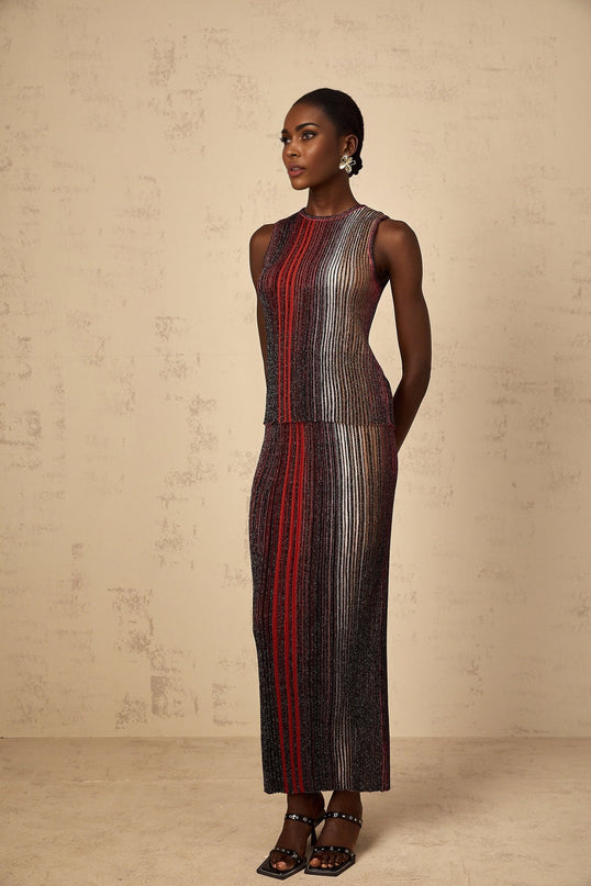 Malia Red Textured Striped Top Skirt Set
