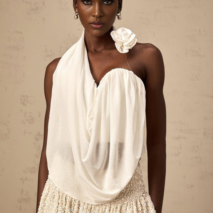Malia White Floral Top Terylene Fiber Halterneck Mono Shoulder Ruched Detailing Side Zip Fastening
