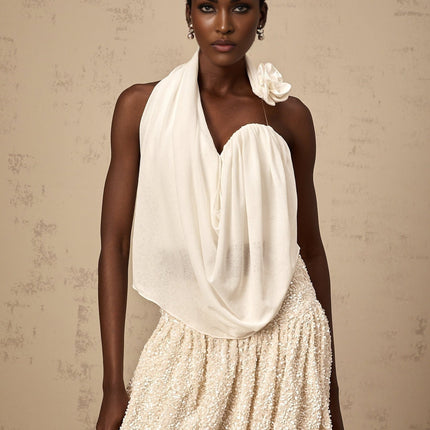 Malia White Floral Top Terylene Fiber Halterneck Asymmetric Design Ruched Detailing Side Zip Fastening
