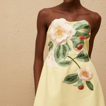 Malia Yellow Floral Embroidered Mini Dress in Terylene Fiber