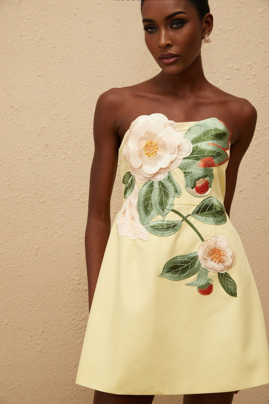 Malia Yellow Floral Embroidered Mini Dress in Terylene Fiber