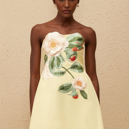 Malia Yellow Floral Embroidered Mini Dress Terylene Fiber Off-Shoulder Sleeveless A-Line Fitted Waistline