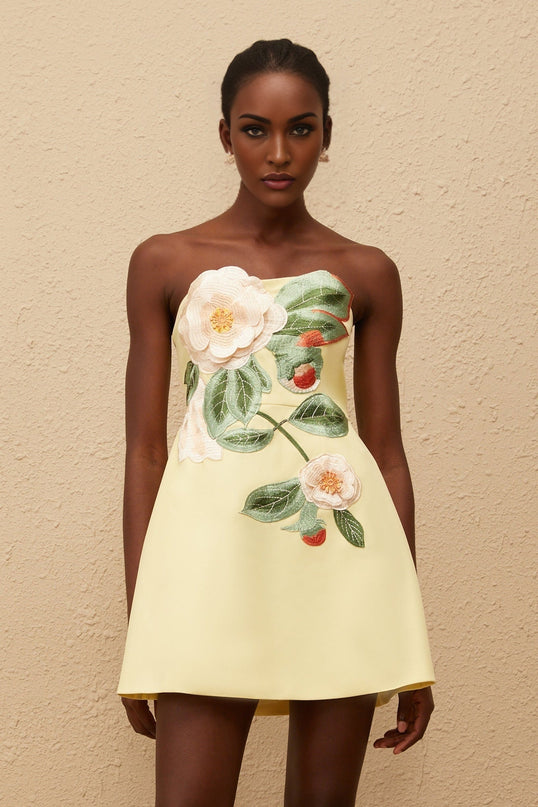 Malia Yellow Floral Embroidered Mini Dress Terylene Fiber Off-Shoulder Sleeveless A-Line Fitted Waistline