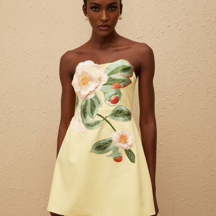Malia Yellow Floral Embroidered Mini Dress Terylene Fiber Off-Shoulder Sleeveless A-Line Fit