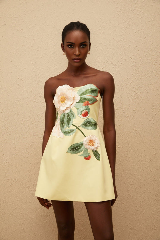 Malia Yellow Floral Embroidered Mini Dress Terylene Fiber Off-Shoulder Sleeveless A-Line Fit