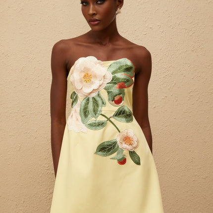 Malia Yellow Floral Embroidered Mini Dress Terylene Fiber Off-Shoulder Sleeveless A-Line Garden Party Romantic Evening Luxury Fashion