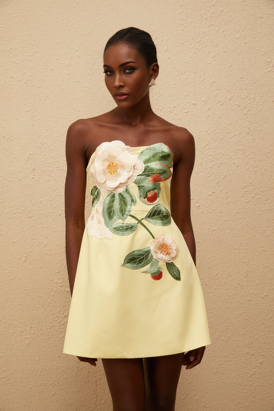 Malia Yellow Floral Embroidered Mini Dress Terylene Fiber Off-Shoulder Sleeveless A-Line Garden Party Romantic Evening Luxury Fashion
