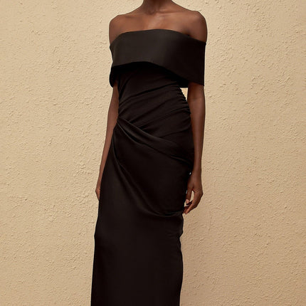 Malina Black Satin Off-the-Shoulder Maxi Dress with Side Slit and Gathered Detailing