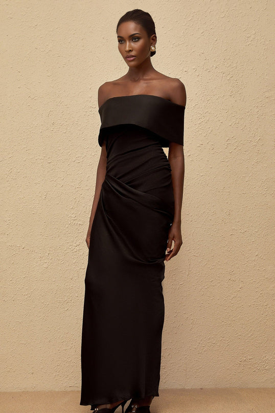 Malina Black Satin Off-the-Shoulder Maxi Dress with Side Slit and Gathered Detailing