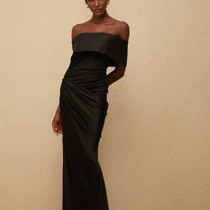 Malina Black Satin Maxi Dress with Folded-Over Neckline and Side Slit
